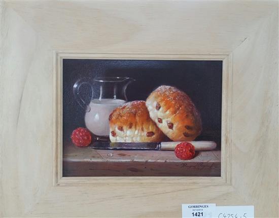Raymond Campbell, oil on panel, Raspberries with cream and scones, signed, 20cms x15cms